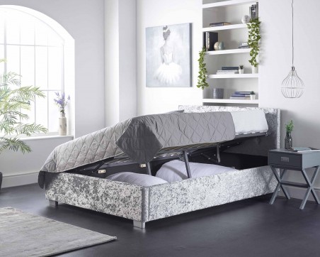 Side Opening Storage Ottoman Bed, Silver Leather Ottoman Beds