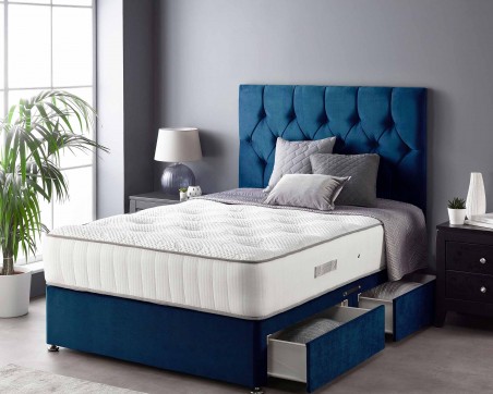 Catherine Lansfield Boutique Divan Base and Headboard with Free Natural Cashmere Mattress plush navy open drawers