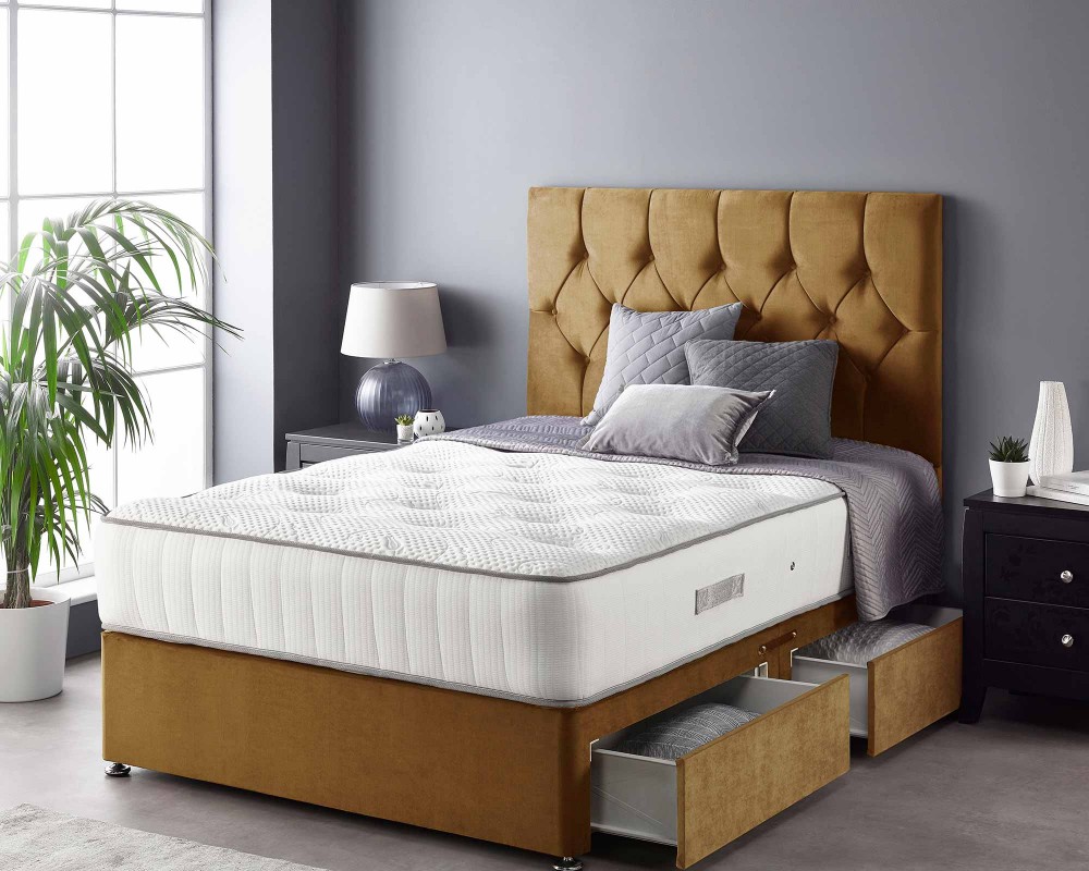 Catherine Lansfield Boutique Divan Base and Headboard with Free Natural Cashmere Mattress plush ochre open drawer
