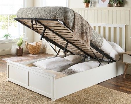 Solid White Wooden Ottoman Bed Frame with Optional Bonnell Spring or Pocket Spring Mattress