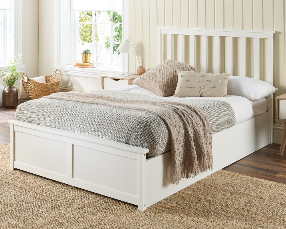 Solid White Wooden Ottoman Bed Frame with Optional Bonnell Spring or Pocket Spring Mattress 3ft Single Bonnell Mattress
