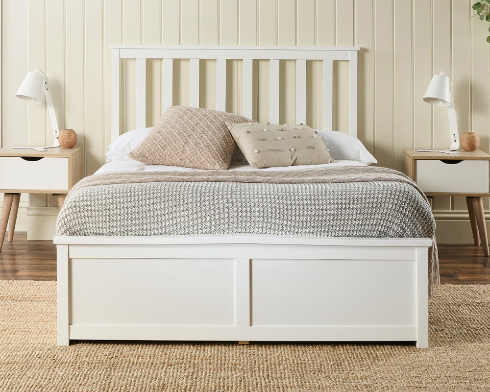 Solid White Wooden Ottoman Bed Frame with Optional Bonnell Spring or Pocket Spring Mattress