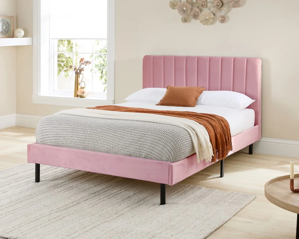 Aspire Rosella Velvet Upholstered Bed Frame 3ft Single Pink Plush Velvet