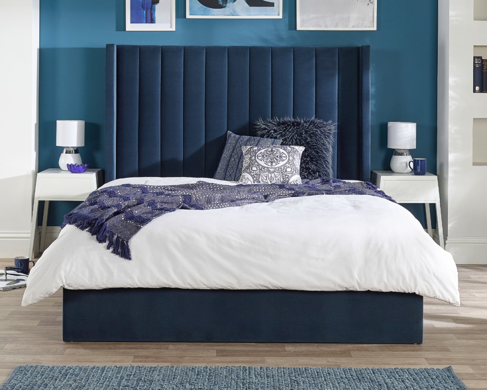 Aspire Maxi Winged Headboard Blue Velvet Ottoman Storage Bed