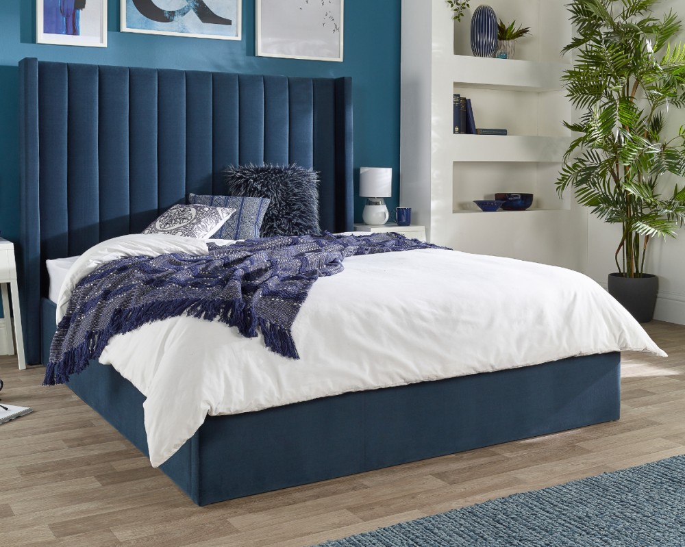 Aspire Maxi Winged Headboard Blue Velvet Ottoman Storage Bed