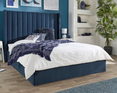 Aspire Maxi Winged Headboard Blue Velvet Ottoman Storage Bed