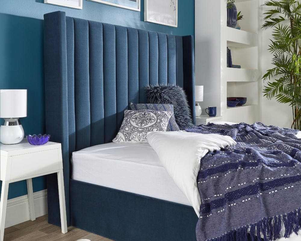 Aspire Maxi Winged Headboard Blue Velvet Ottoman Storage Bed