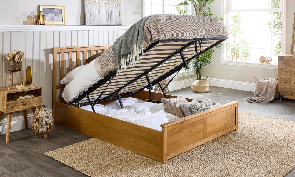 Solid Natural Wooden Ottoman Bed Frame with Spring Mattress
