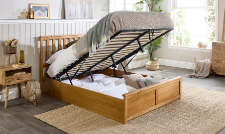 Solid Natural Wooden Ottoman Bed Frame with Spring Mattress