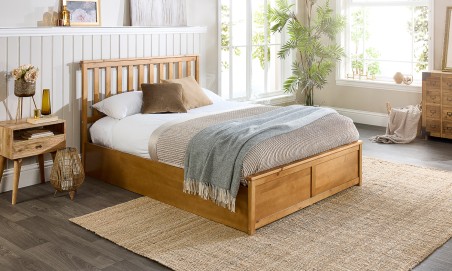 Solid Natural Wooden Ottoman Bed Frame with Spring Mattress