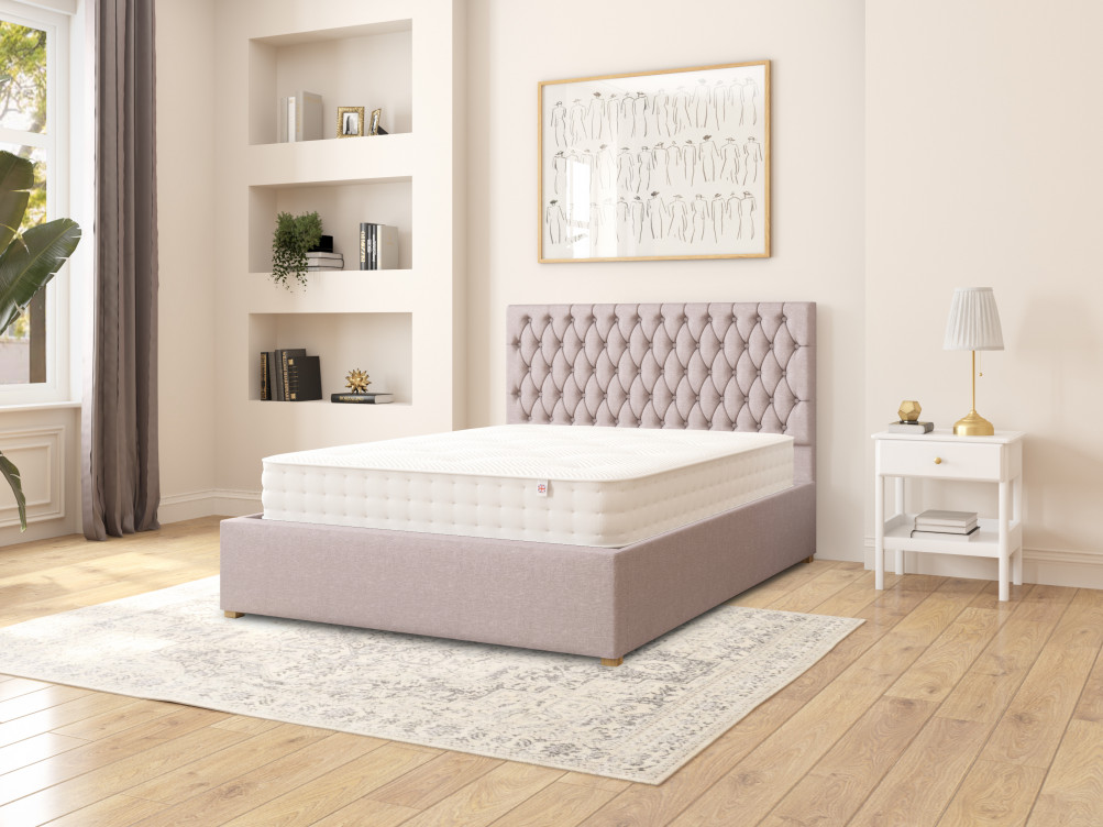 stylish bed featuring a mattress and headboard, set in a well-decorated room