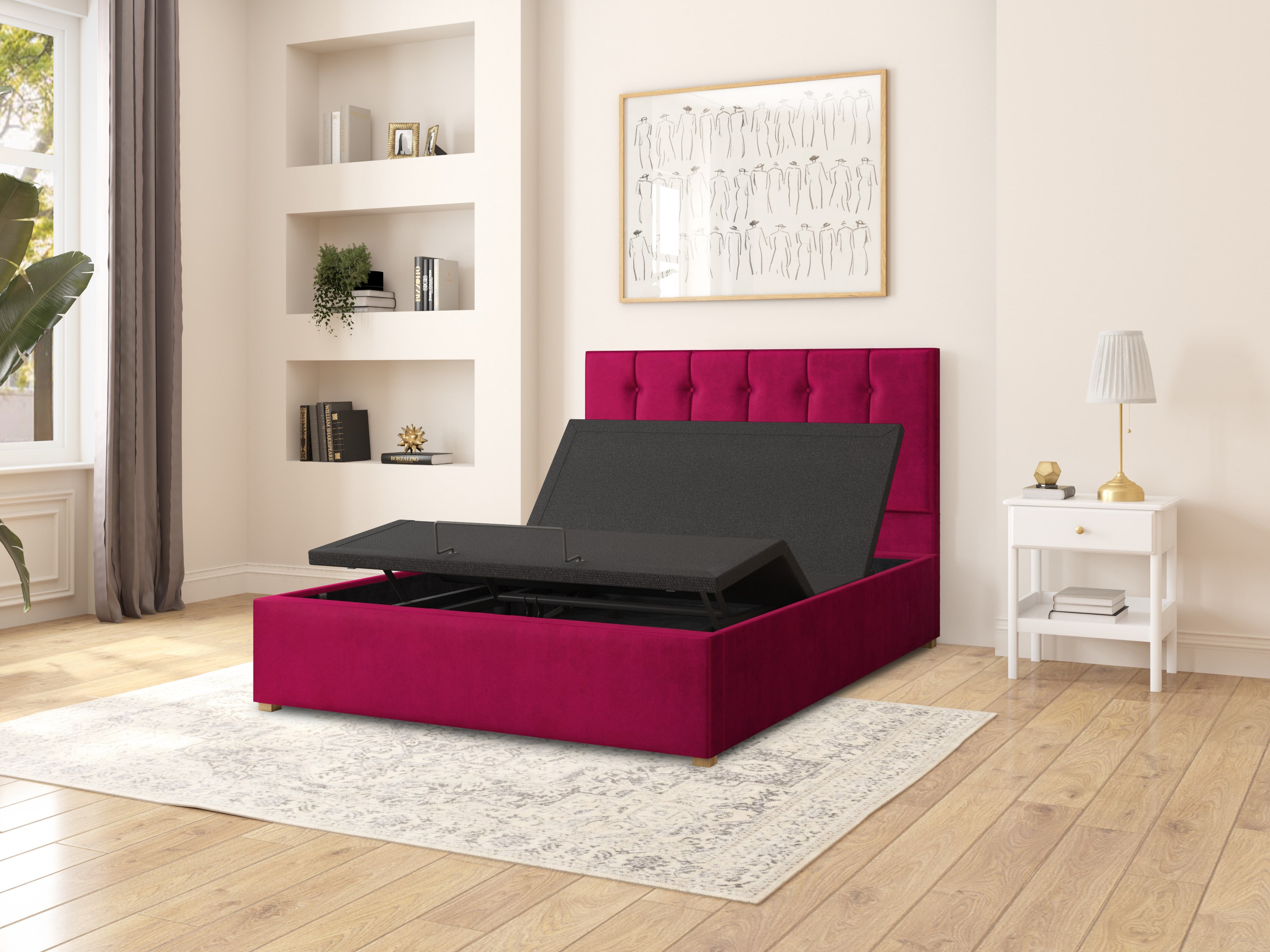 Aspire Electric Adjustable Bed Hepburn Upholstered 4ft6 Double Plush Velvet - Berry Pocket Sprung Mattress