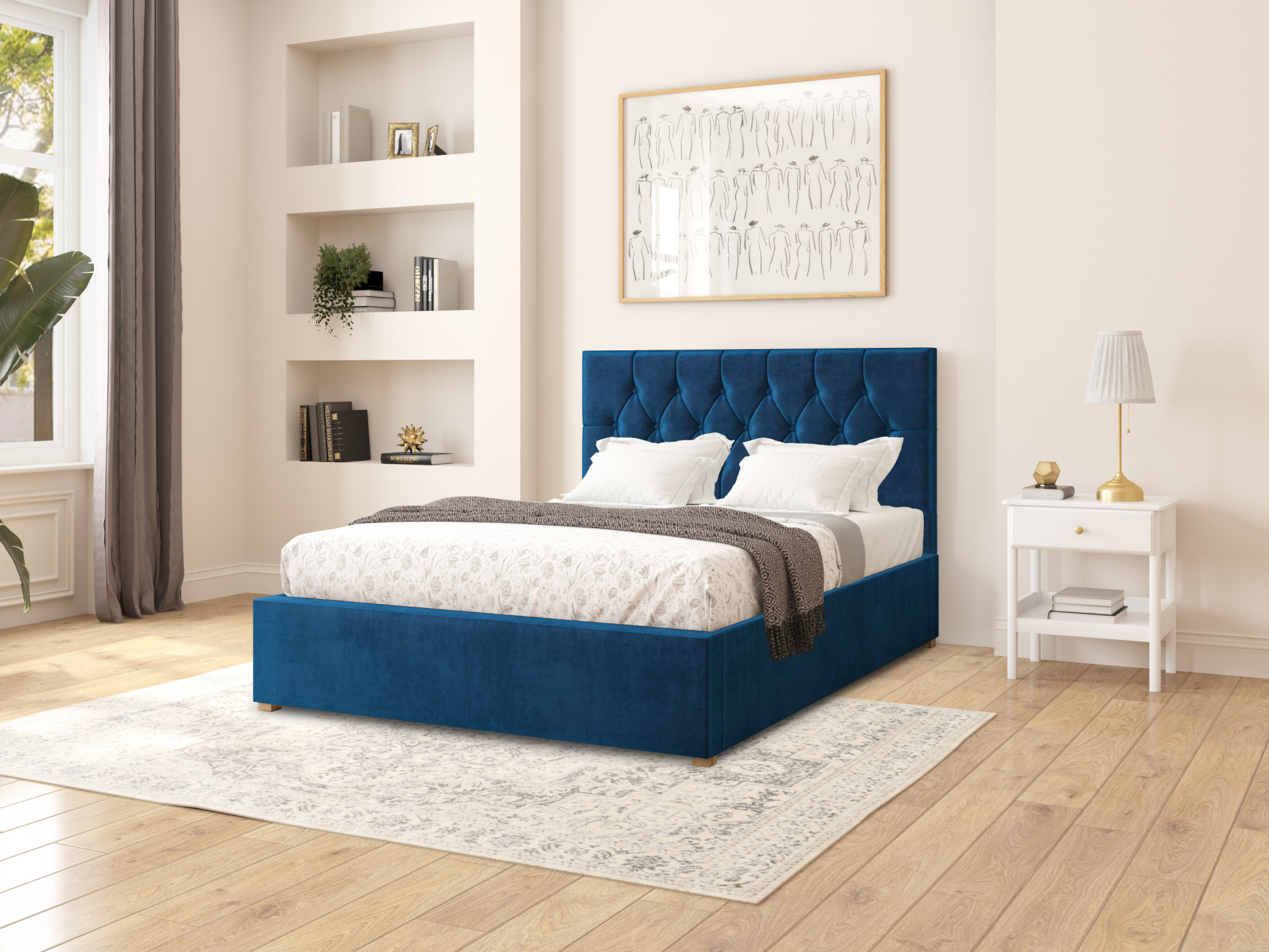 Aspire Electric Adjustable Bed Olivier Upholstered 4ft6 Double Plush Velvet - Navy Pocket Sprung Mattress