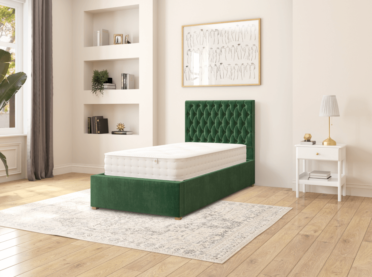 Green plush velvet small single bed in modern bedroom with chesterfield headboard