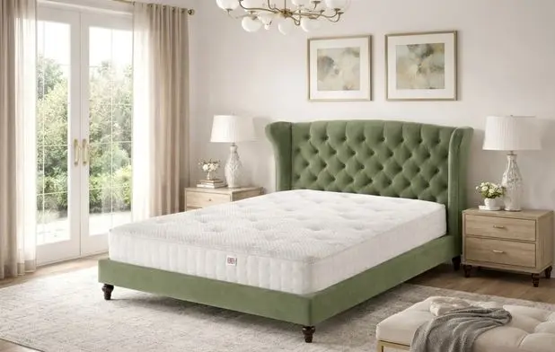 A mattress displayed on a luxury green upholstered bed with wood-turned legs.
